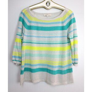 WOMEN'S GRAY & GREEN STRIPED SHEER THIN DELICATE SWEATER - ANN TAYLOR LOFT - L